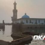 Bekas permukiman Kampung Somang kembali terlihat saat air Bendungan Karian surut di Kecamatan Sajira, Kabupaten Lebak.
