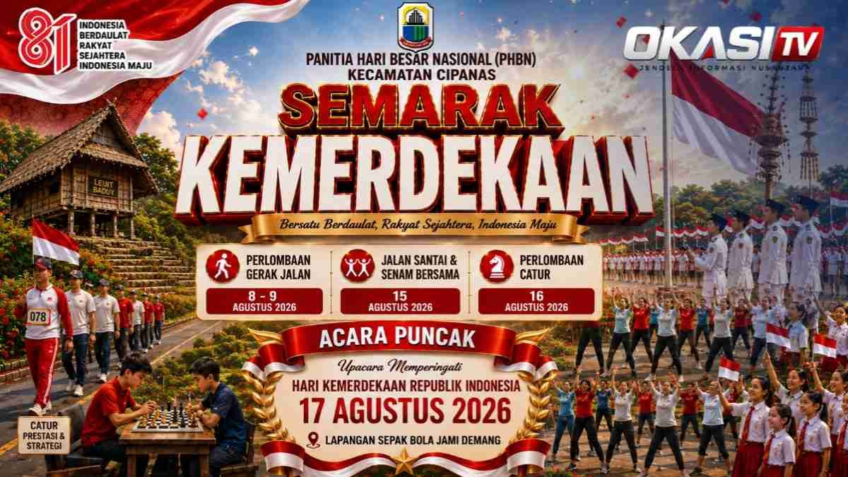 Flyer resmi PHBN Kecamatan Cipanas berisi rangkaian kegiatan Semarak Kemerdekaan dalam peringatan HUT RI Ke-81 yang berlangsung pada 8–17 Agustus 2026.